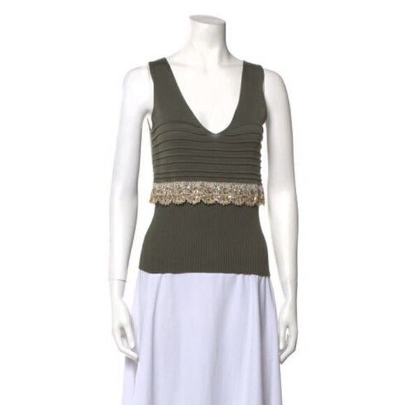 Valentino vintage authentic olive Green Lace V Neck Sweater Tank Top 40 Small - Picture 1 of 9